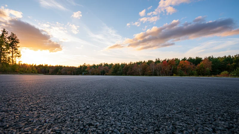 Empty asphalt track stretching to a forested horizon at sunset