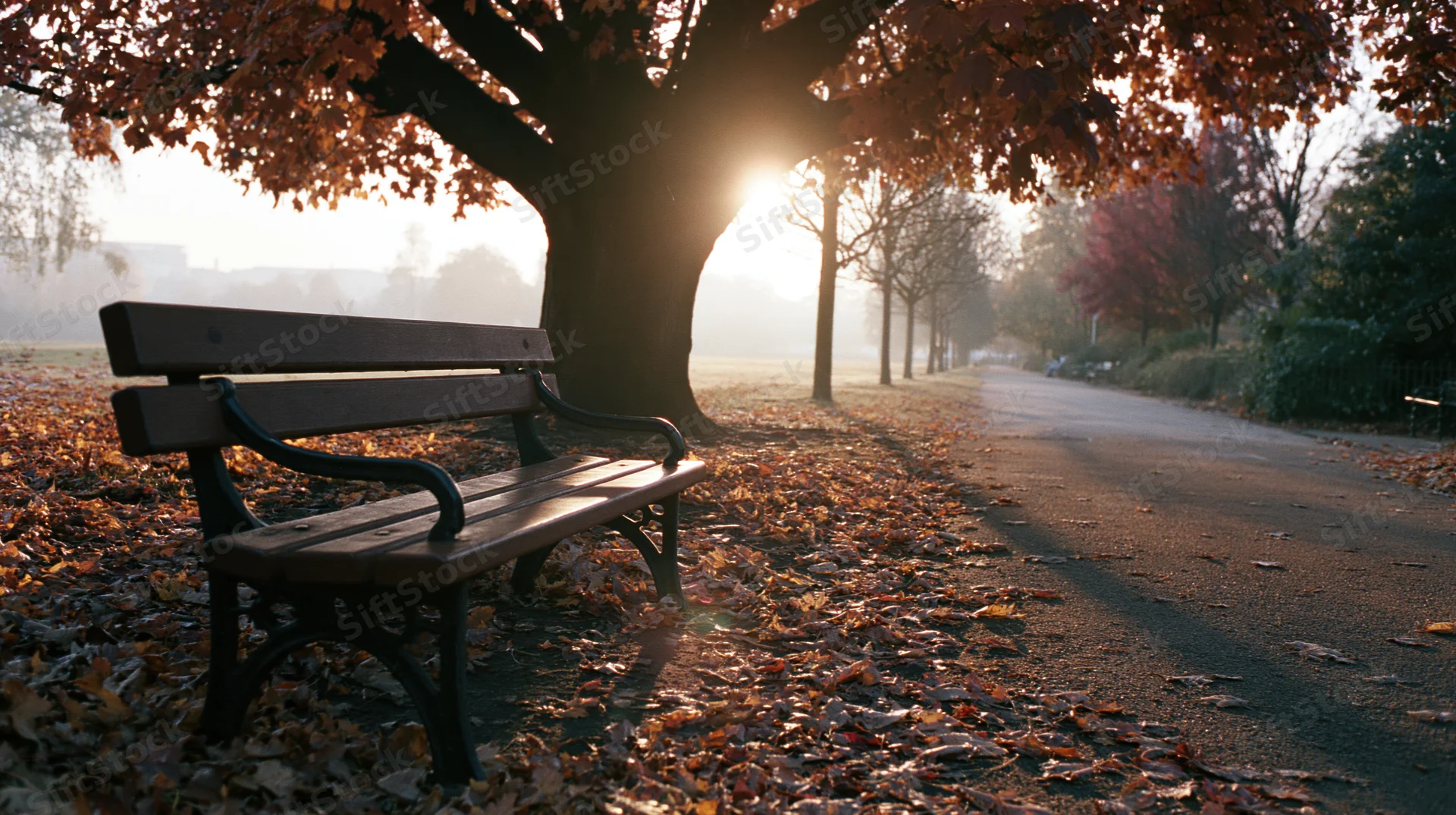 Empty park bench beside a large autumn tree on a leaf-covered path at sunrise