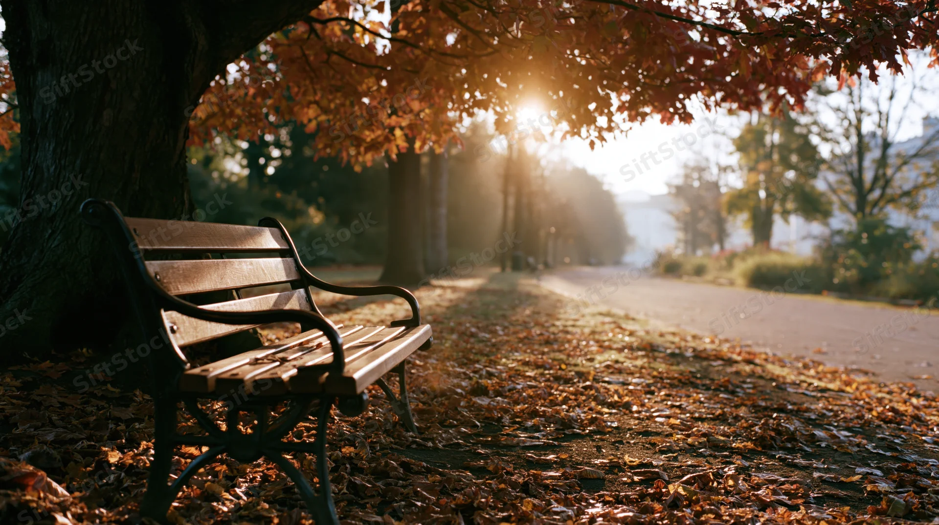 Empty wooden and metal park bench beside a large autumn tree on a leaf-covered pathway in a park