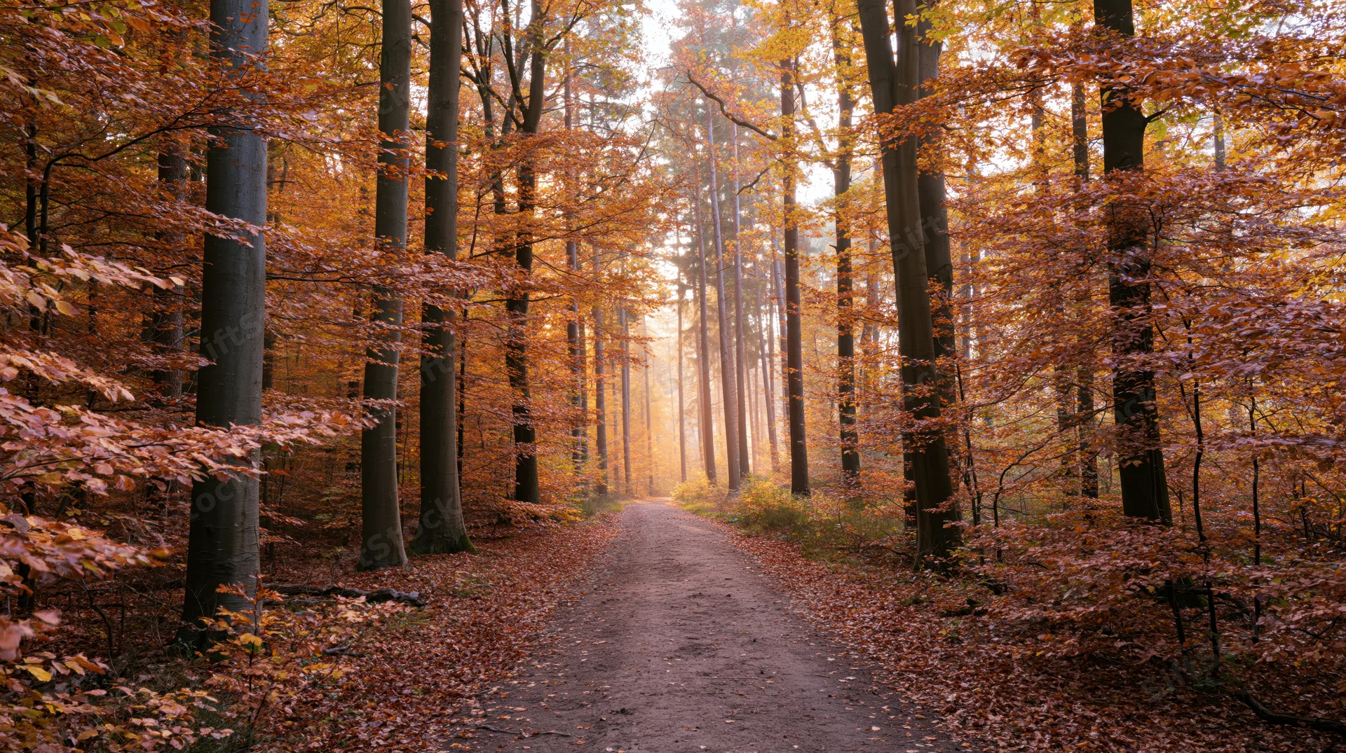 Dirt path winding through dense autumn forest with golden foliage and soft sunlight filtering through trees