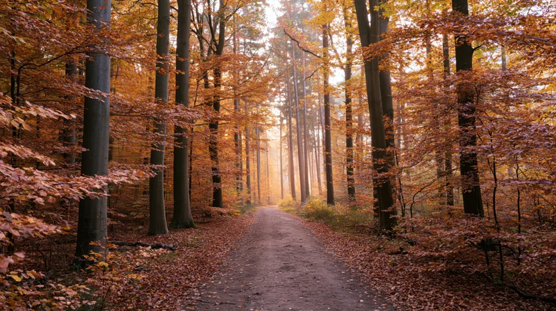 Dirt path winding through dense autumn forest with golden foliage and soft sunlight filtering through trees