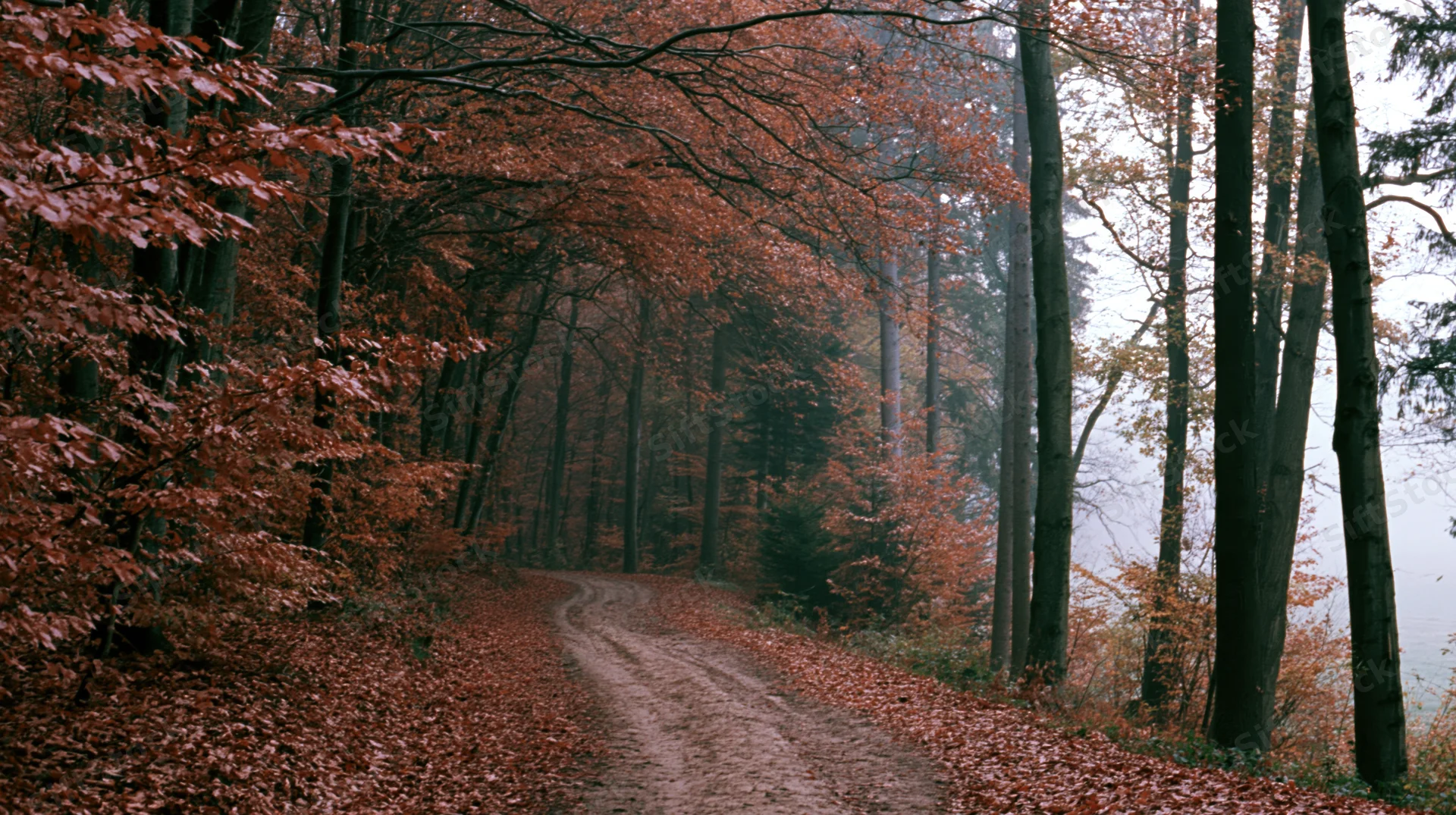 Dirt path curving through dense autumn forest with red and brown foliage under misty sky