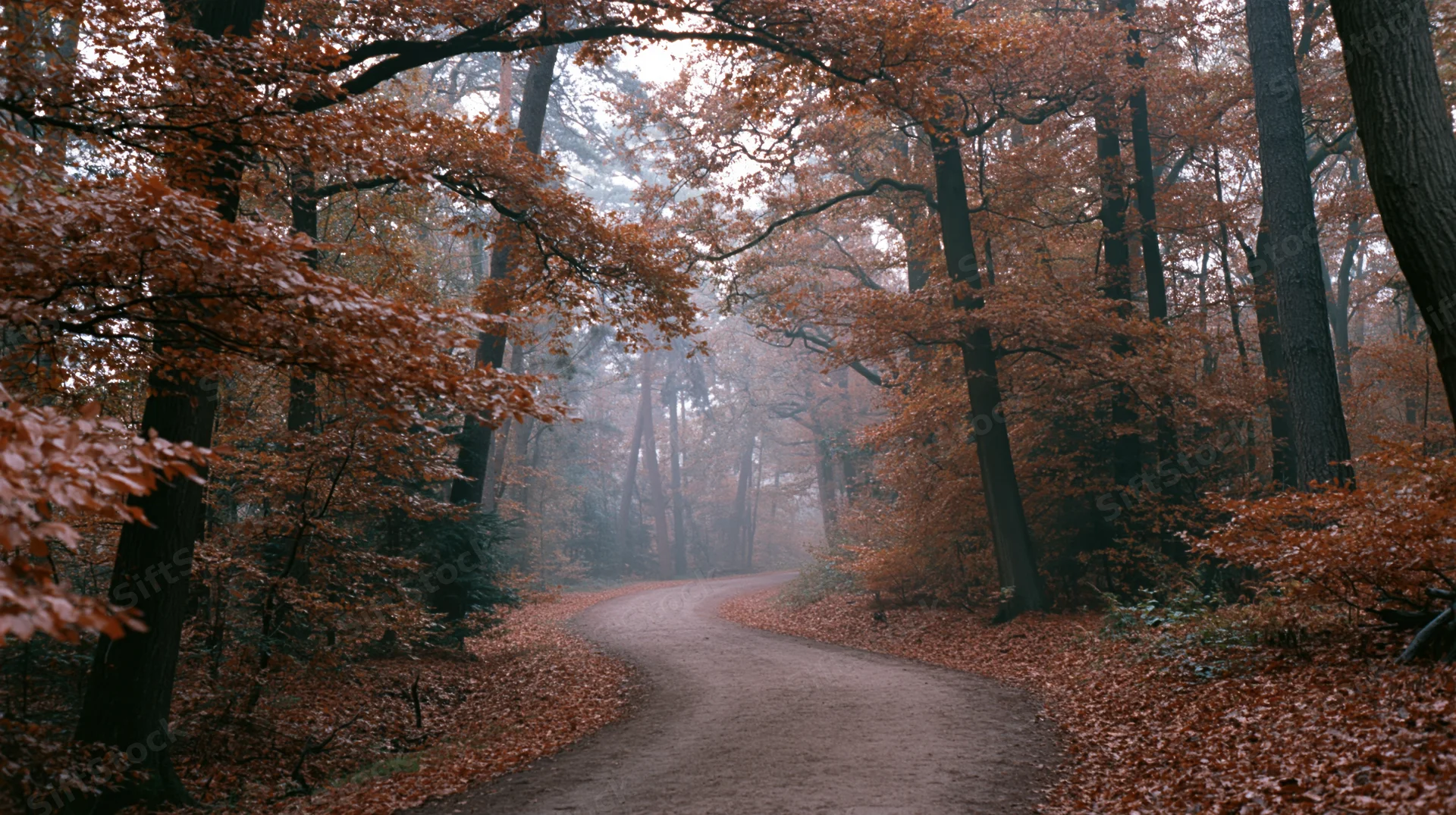 Curving dirt path through dense autumn forest with fallen leaves and misty atmosphere