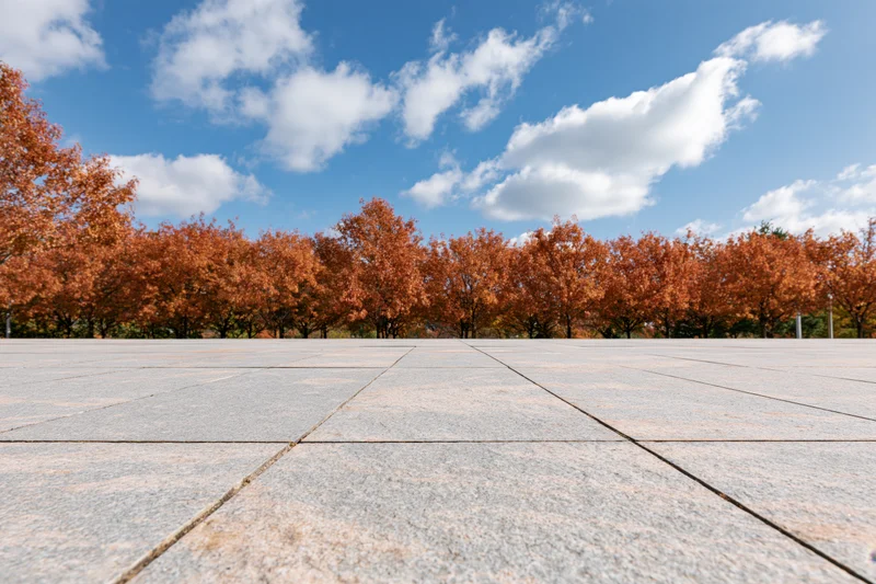 Empty granite tile plaza stretching toward a row of orange autumn trees under a blue sky with clouds