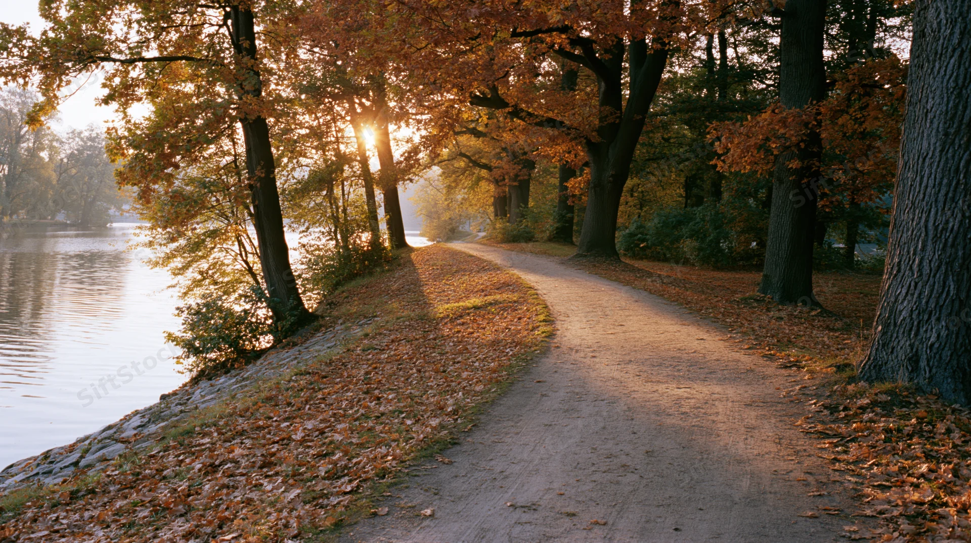 Dirt path curving along lakeside through autumn trees with sunlight filtering through foliage