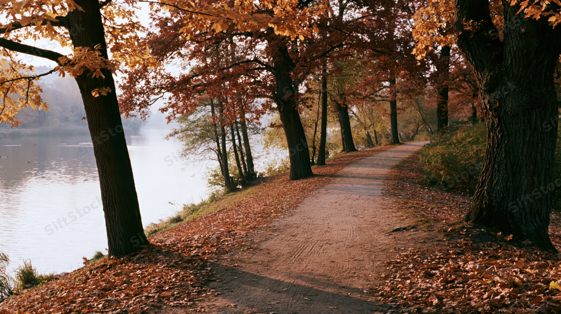 Dirt path curving through autumn trees beside a misty lake