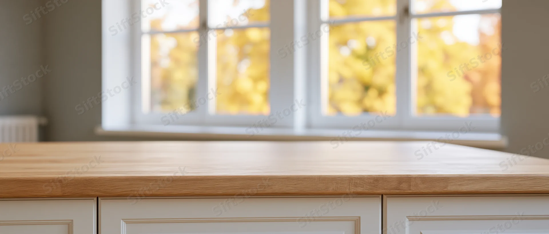 Light oak kitchen countertop in front of a window with autumn foliage view