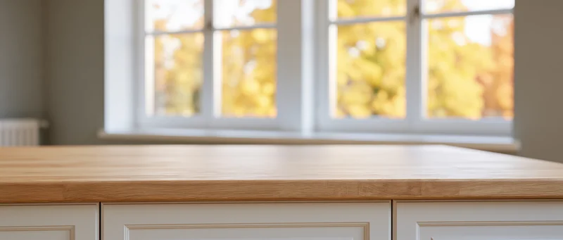 Light oak kitchen countertop in front of a window with autumn foliage view