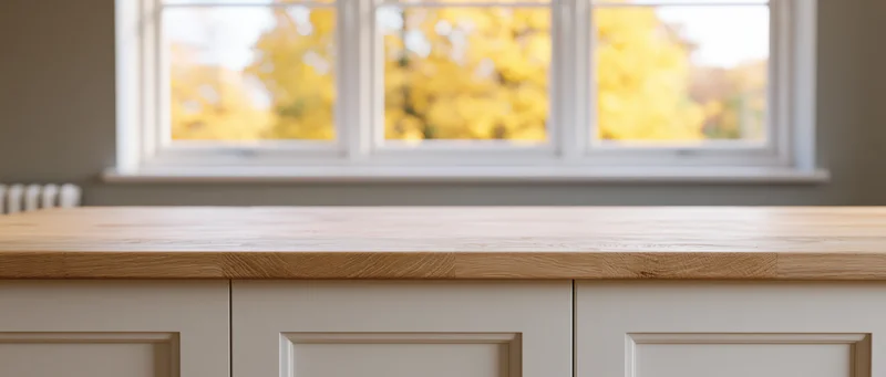 Empty light oak kitchen countertop in front of white cabinets with autumn trees visible through window