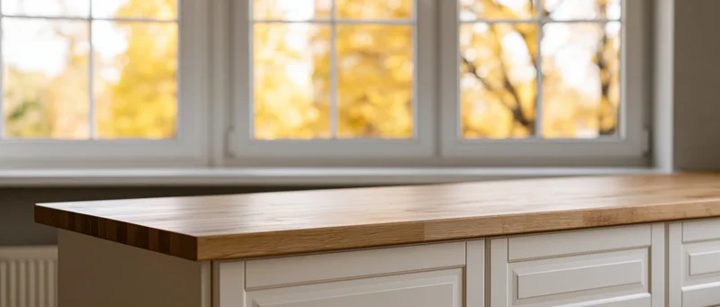 Light oak kitchen countertop with white cabinetry and autumn trees visible through windows