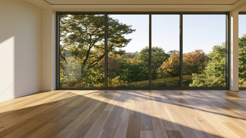 Empty modern room with light oak hardwood floors and large windows overlooking trees and greenery