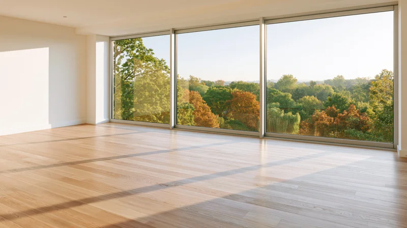 Empty modern room with light oak hardwood floors and large glass windows overlooking autumn trees