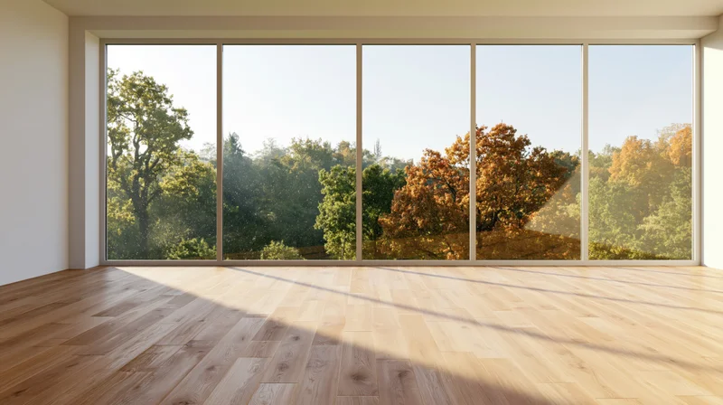 Empty modern room with light oak hardwood floors and large windows overlooking autumn forest