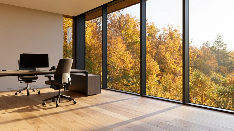 Modern office interior with desk and monitor overlooking autumn forest through large windows