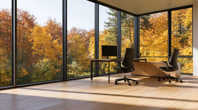 Modern office interior with desk and monitor by large windows overlooking autumn forest