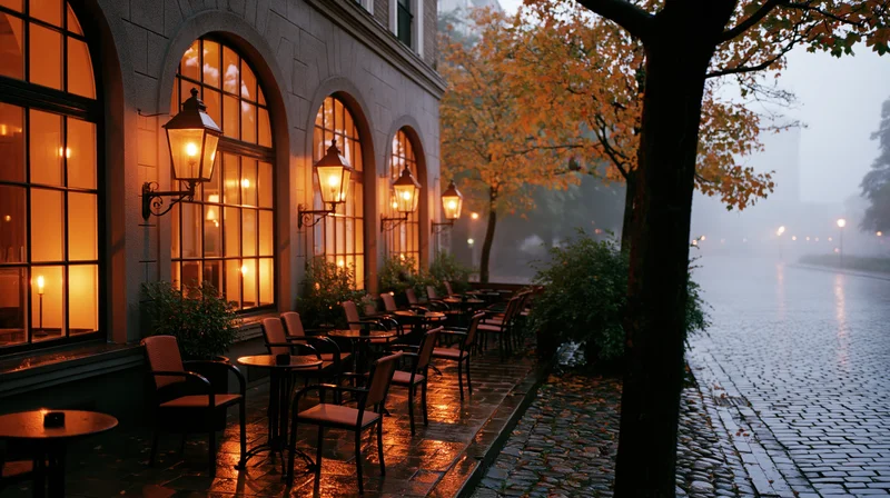 Empty outdoor cafe terrace with tables and chairs on a wet cobblestone street at dusk