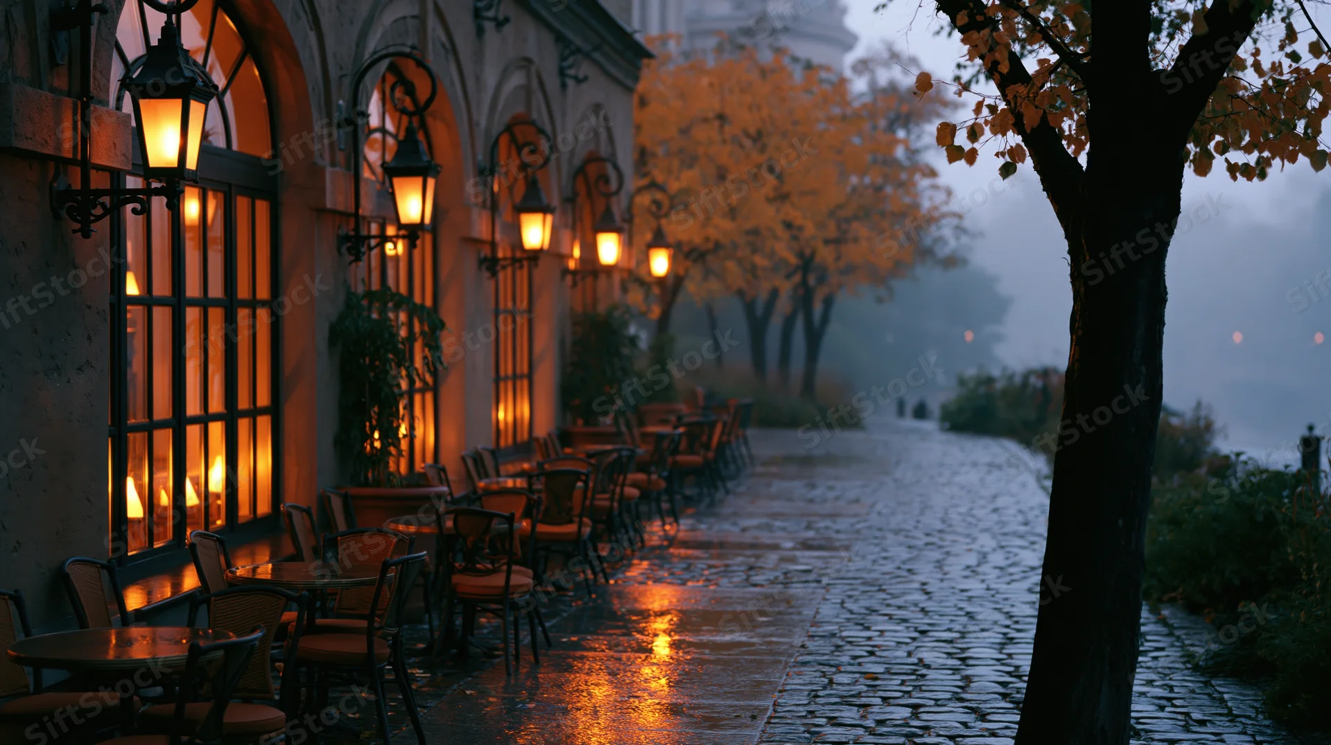 Empty outdoor cafe terrace with tables and chairs on a wet cobblestone street at dusk