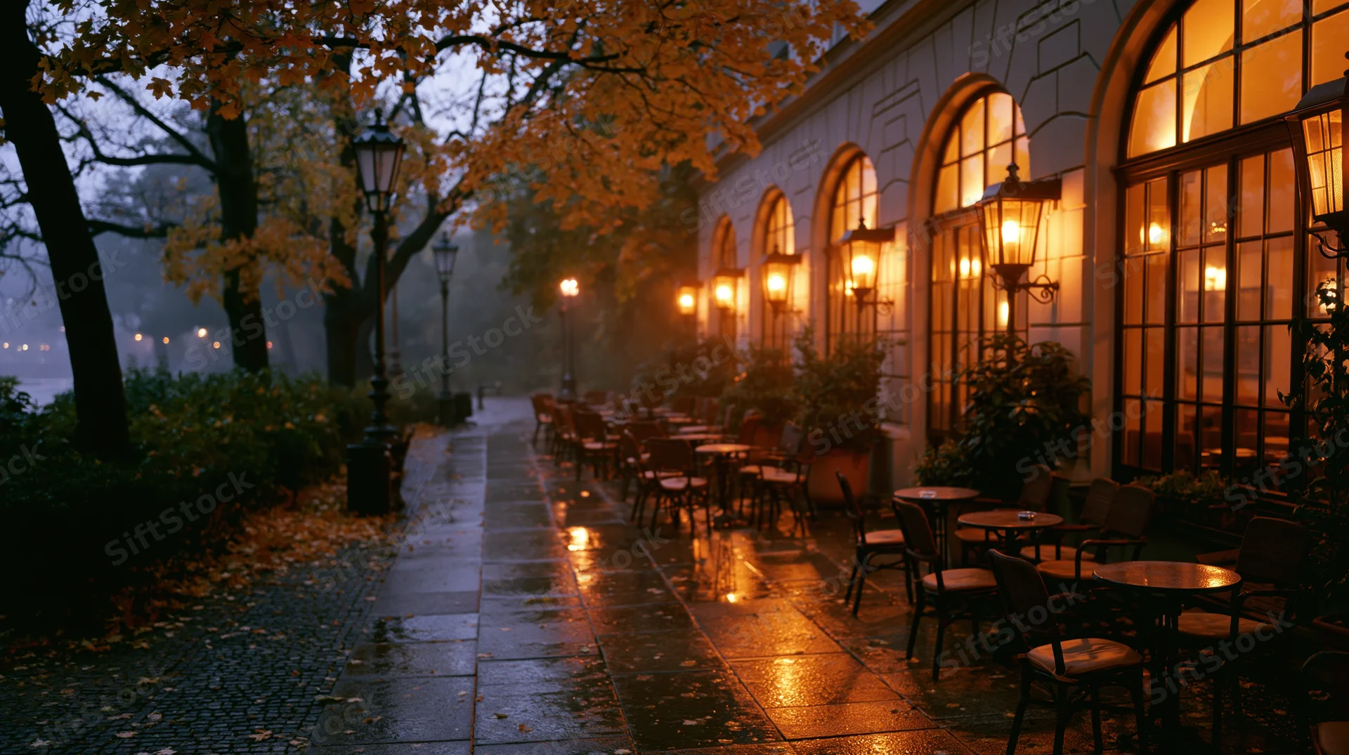 Empty outdoor cafe terrace on a wet cobblestone street at dusk with autumn leaves and glowing lanterns