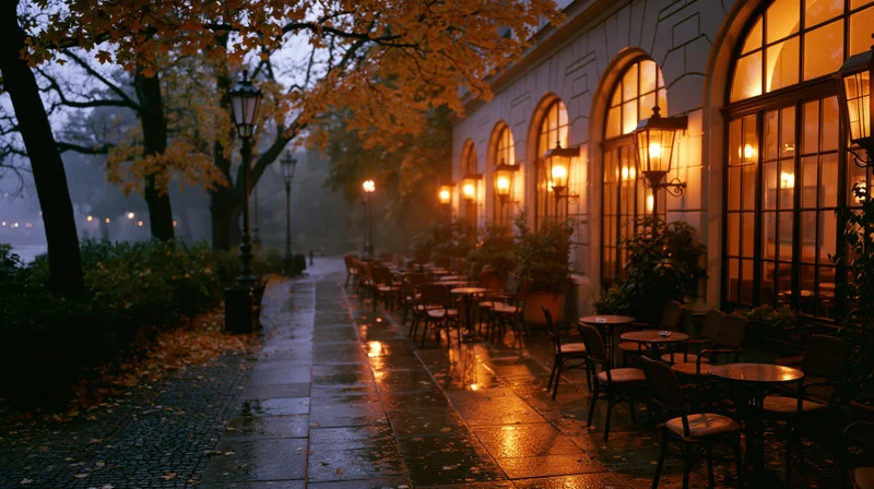 Empty outdoor cafe terrace on a wet cobblestone street at dusk with autumn leaves and glowing lanterns