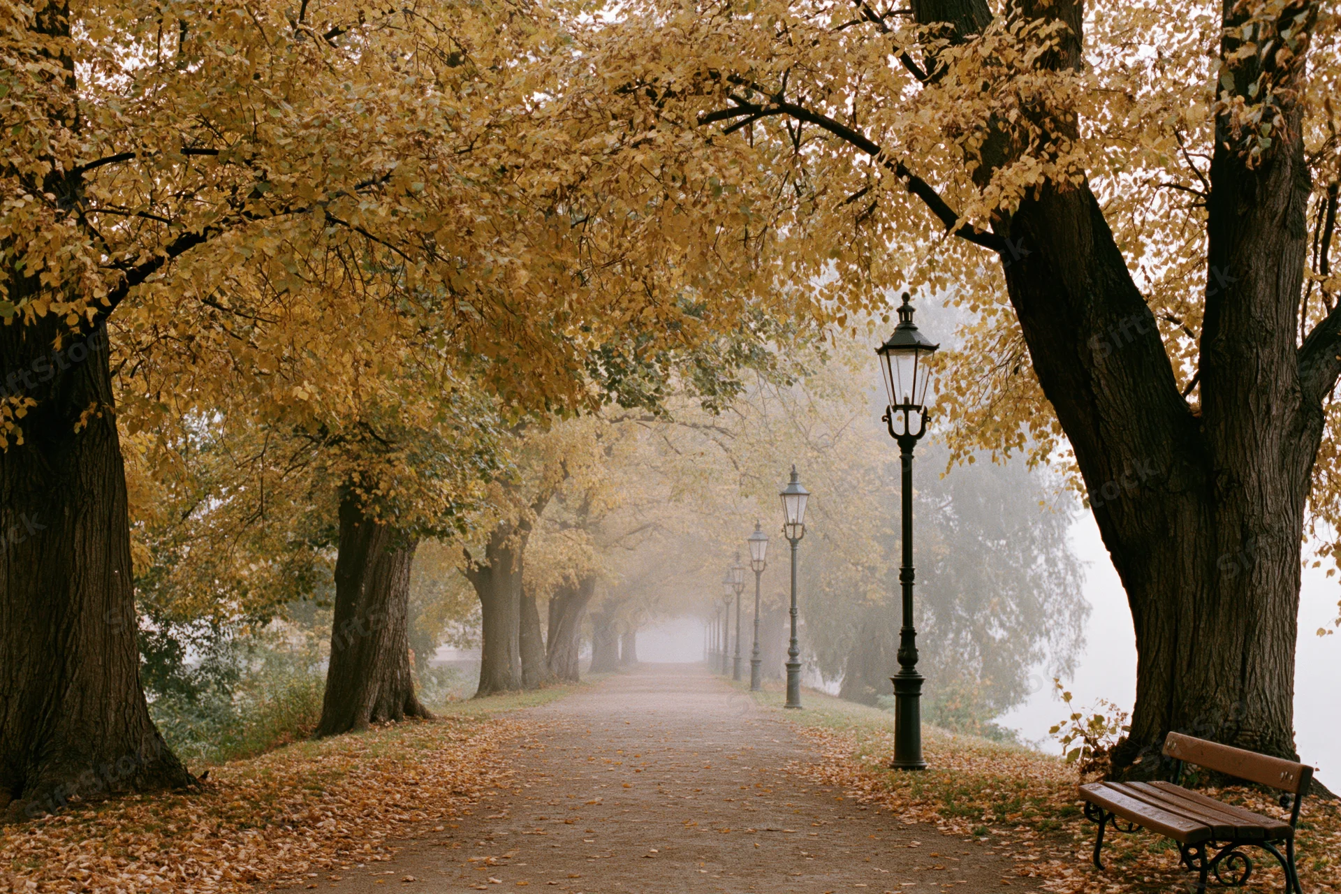 Autumn pathway lined with trees and vintage lampposts in a foggy park