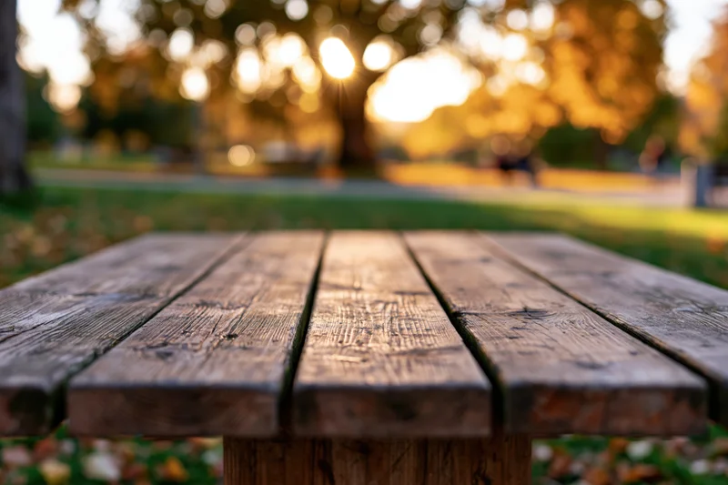 Wooden table surface in a park at sunset with blurred autumn trees in background