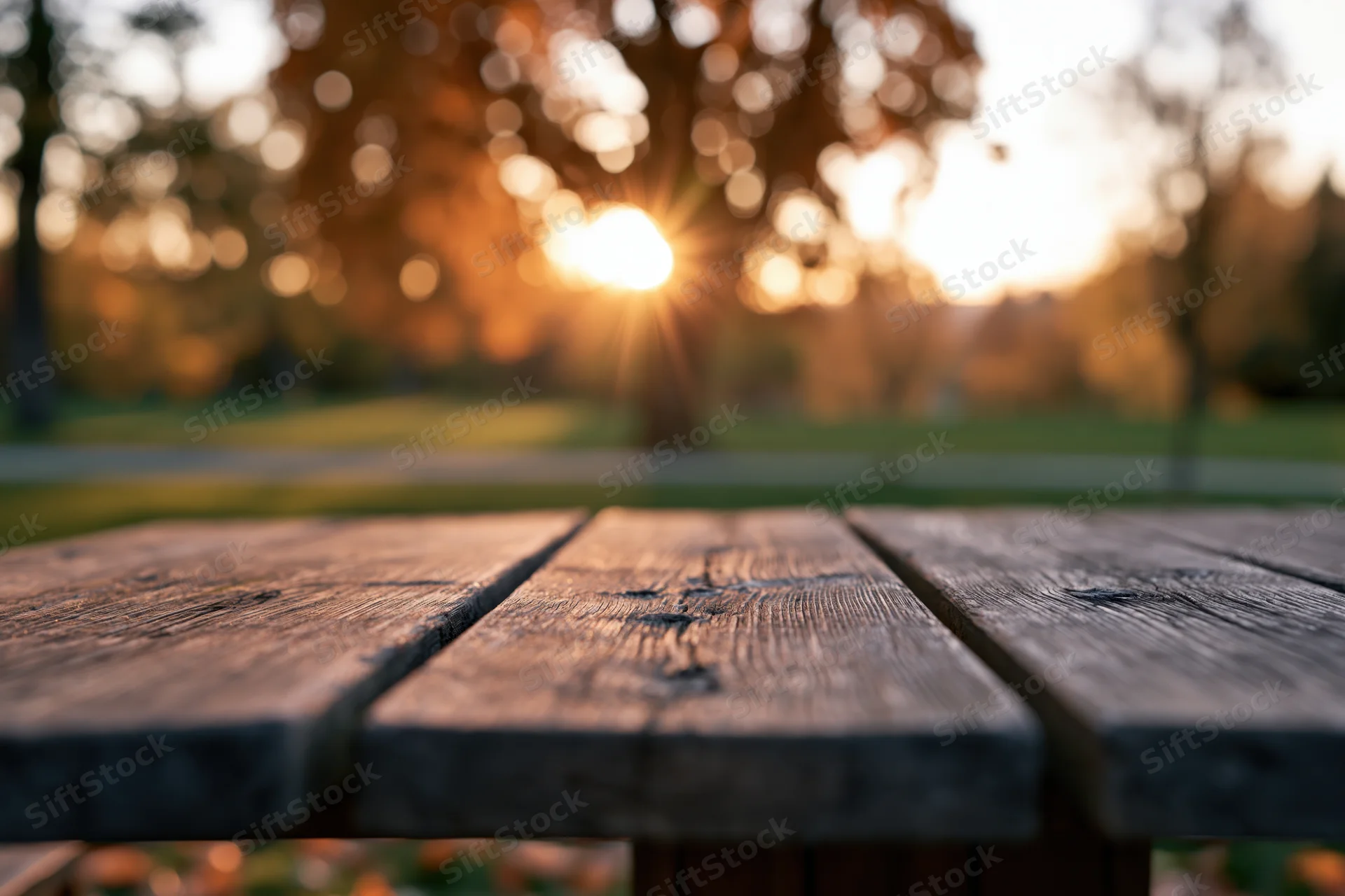 Rustic wooden table surface in sharp focus with blurred park and sunset in background