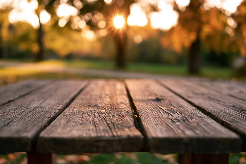 Rustic wooden table surface in a park at sunset with blurred autumn trees in background