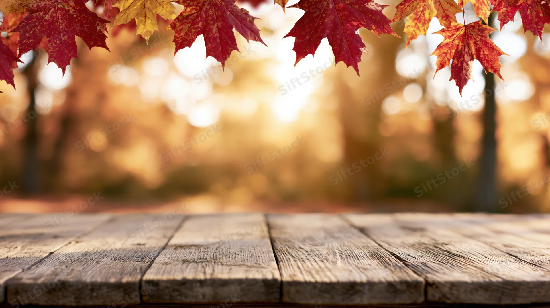 Rustic wooden table surface in a forest with autumn maple leaves overhead and warm sunlight in the background