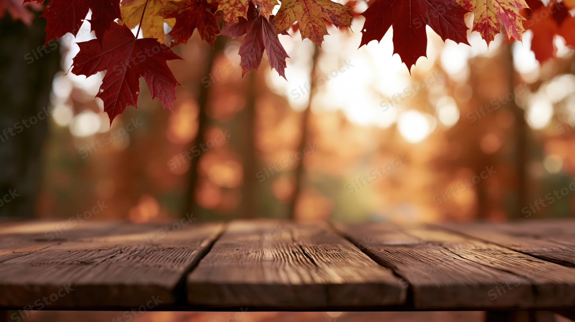 Rustic wooden table surface in a forest with autumn maple leaves above during golden hour