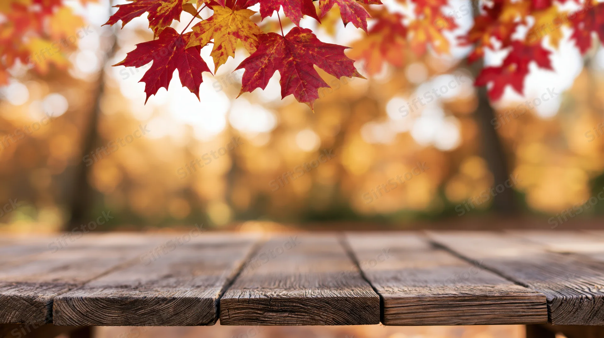Rustic wooden table surface in autumn park with maple leaves overhead