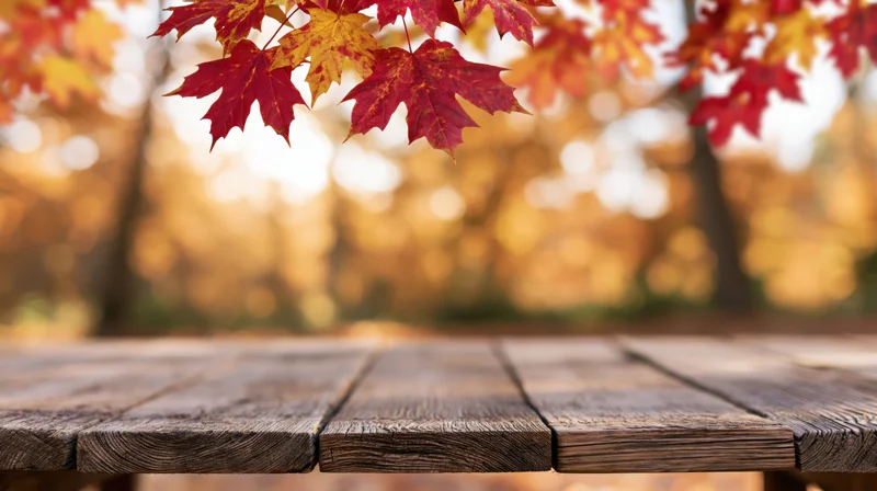 Rustic wooden table surface in autumn park with maple leaves overhead