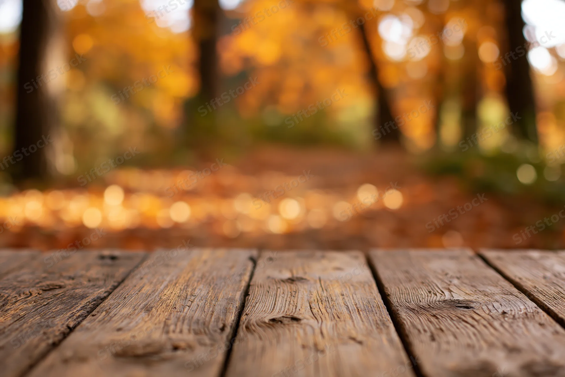 Rustic wooden table surface in a forest with autumn foliage in the background