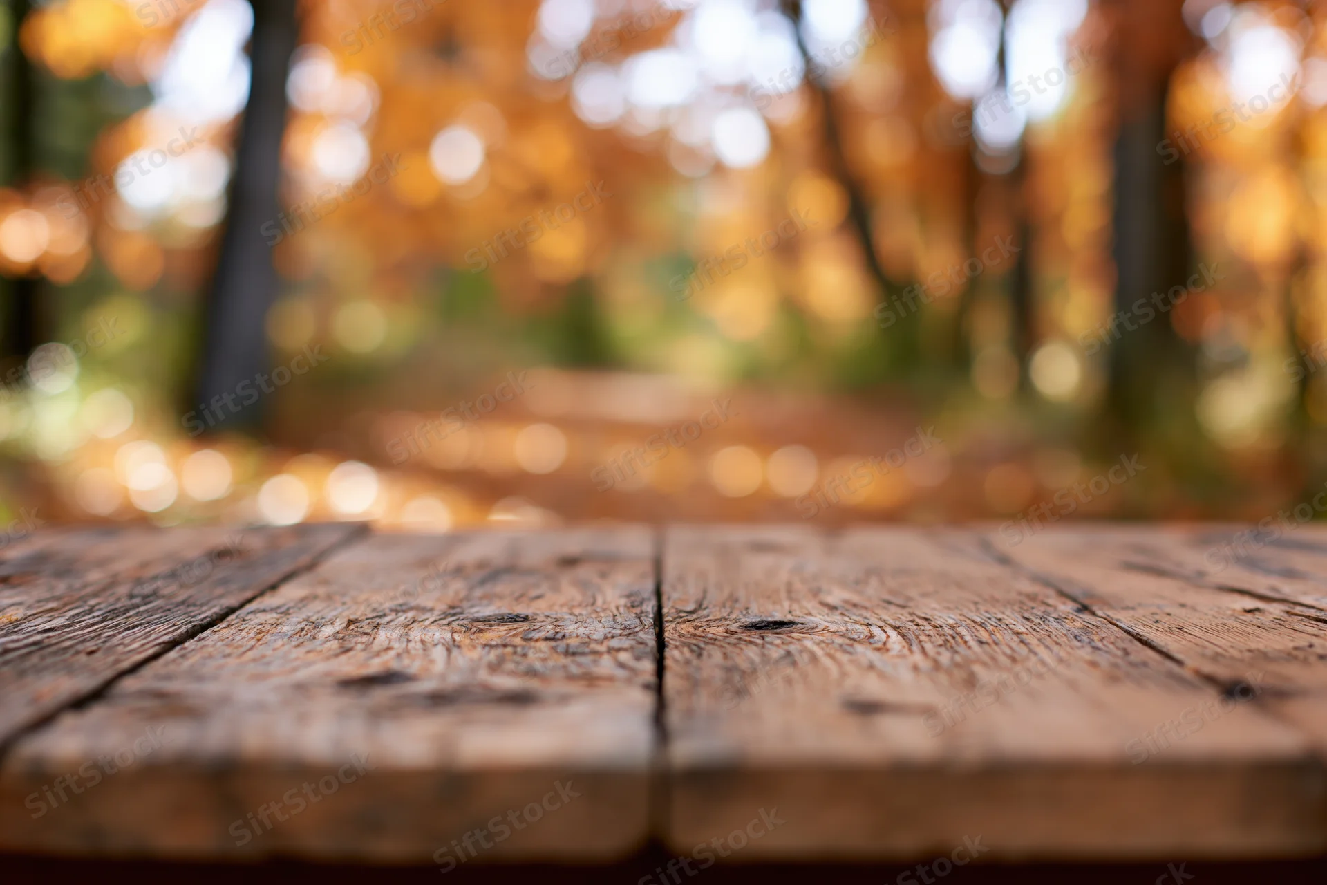 Rustic wooden table surface in a forest with autumn foliage in the background