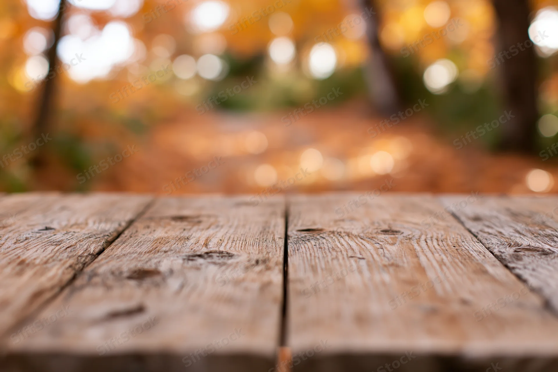 Rustic wooden table surface in a forest with autumn foliage in the background