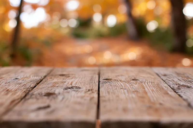 Rustic wooden table surface in a forest with autumn foliage in the background