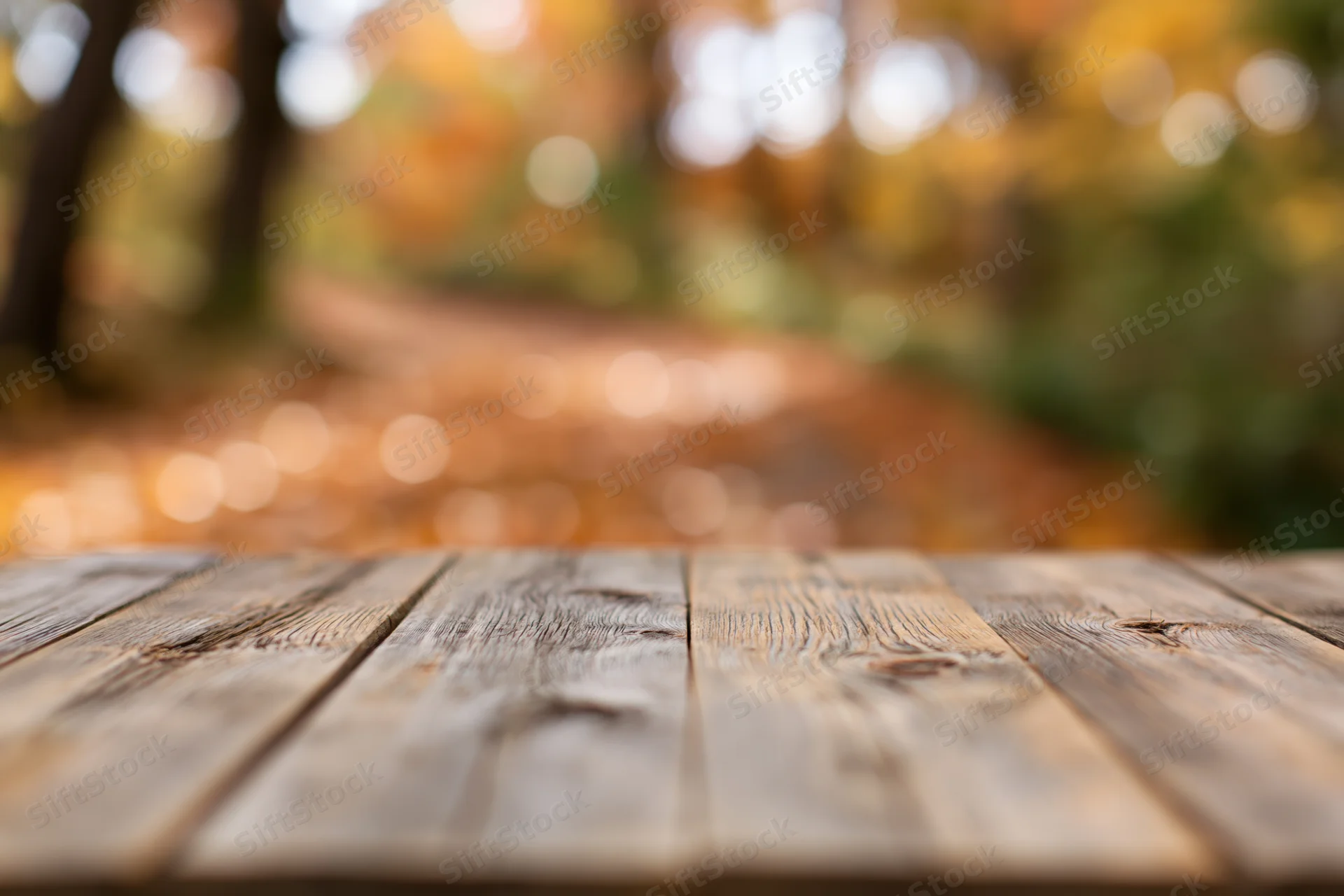 Rustic wooden table surface in a forest with autumn foliage in the background