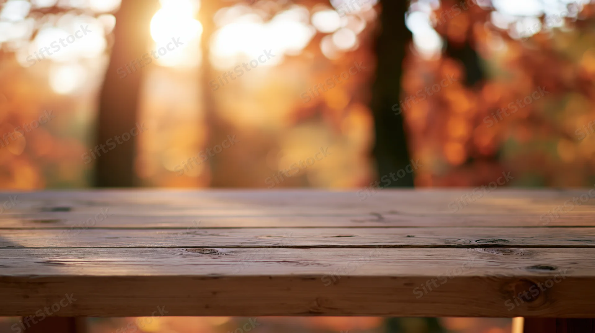 Rustic wooden table surface in a sunlit autumn forest with blurred foliage background