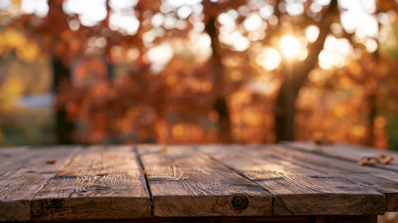 Rustic wooden table surface in a sunlit autumn forest setting