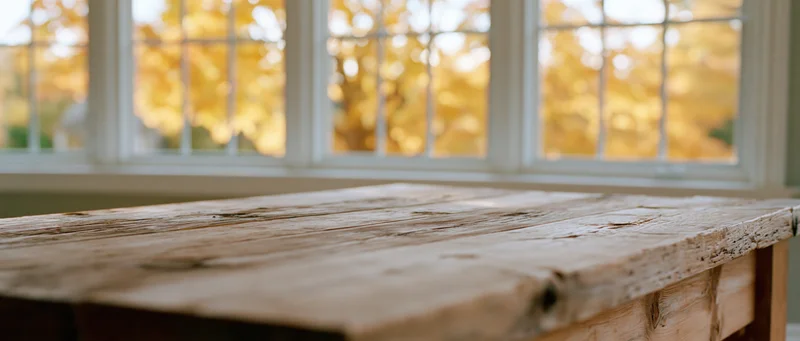 Rustic wooden tabletop in foreground with autumn foliage visible through window