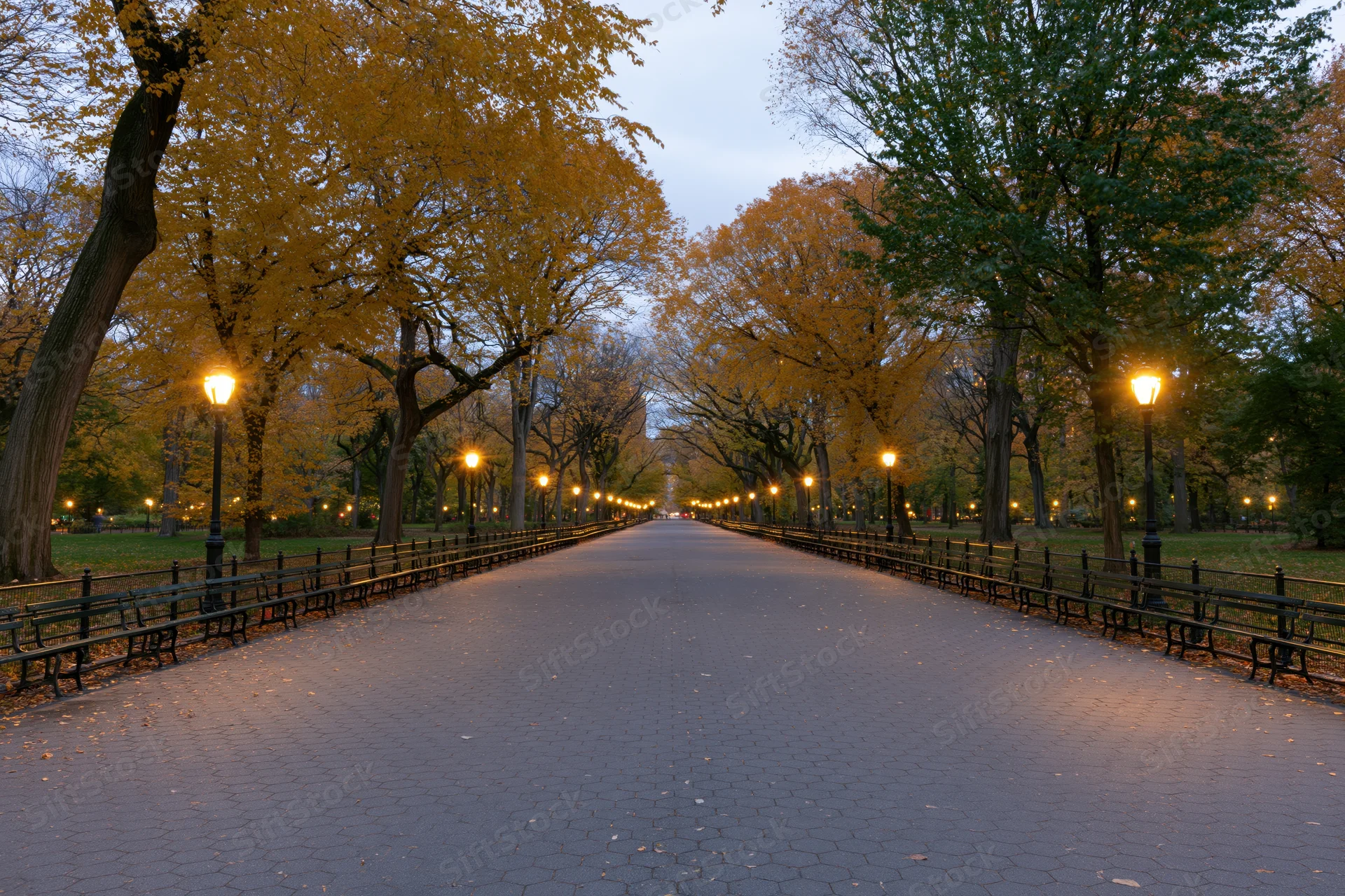 Tree-lined park promenade at dusk with benches and lampposts along paved pathway