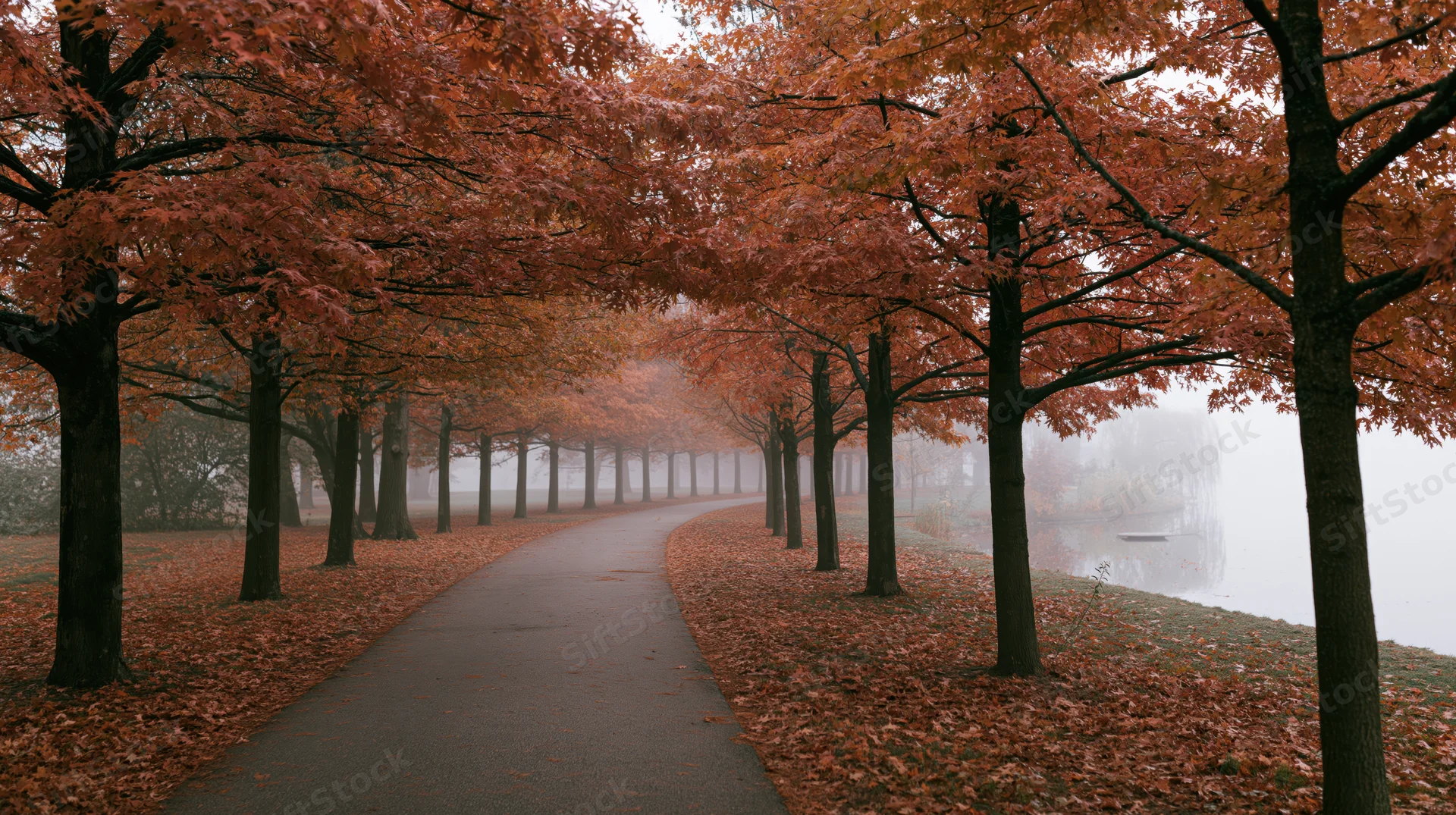 Curved path lined with autumn trees covered in orange leaves leading into misty distance beside a lake