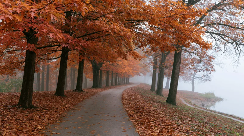 Curving path lined with orange-leafed trees leading into misty distance along a forest edge