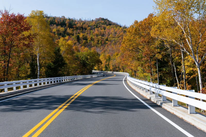 Winding asphalt highway curving through autumn forest with colorful foliage and white guardrails under clear blue sky