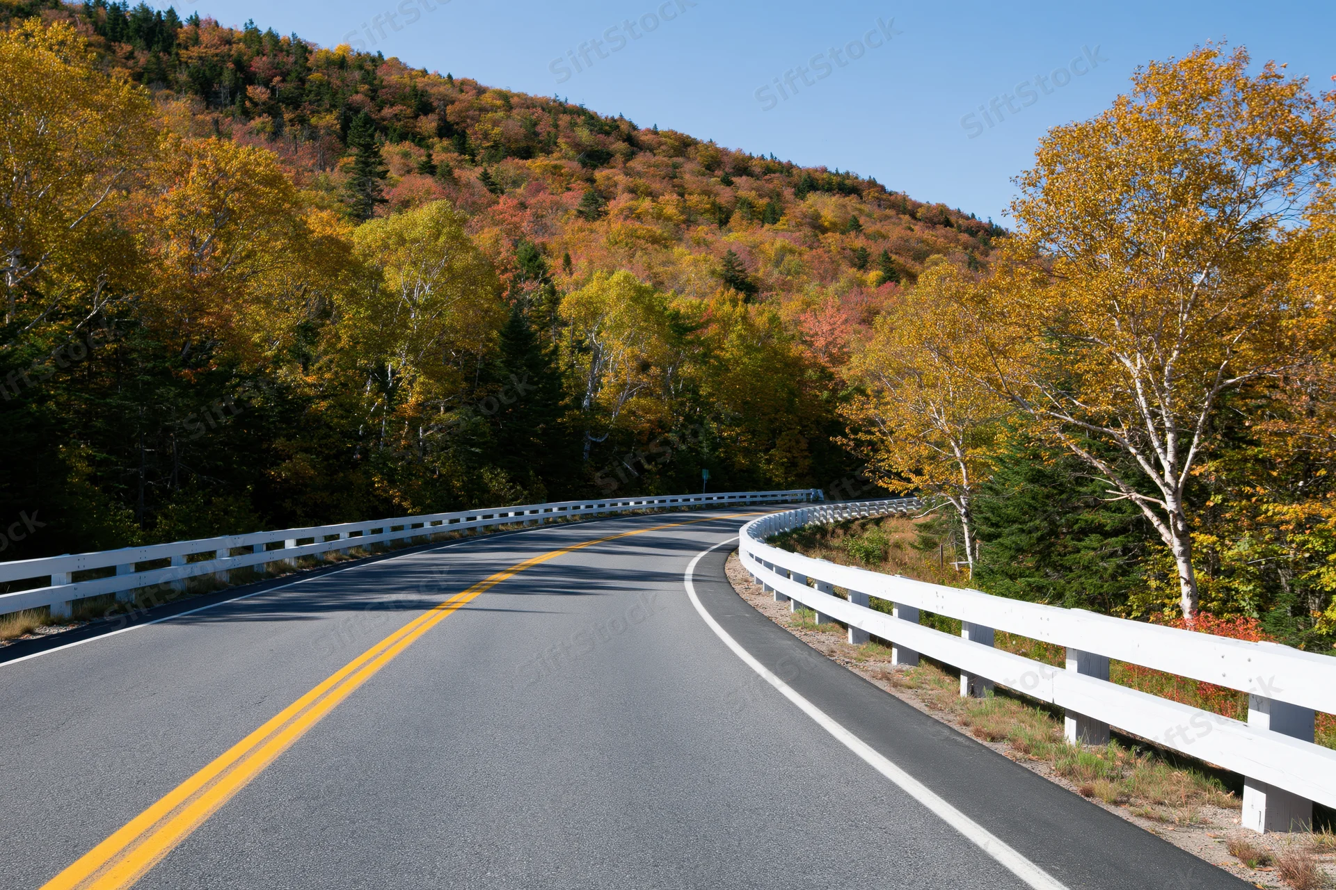 Winding asphalt highway curving through autumn forest with colorful foliage and white guardrails