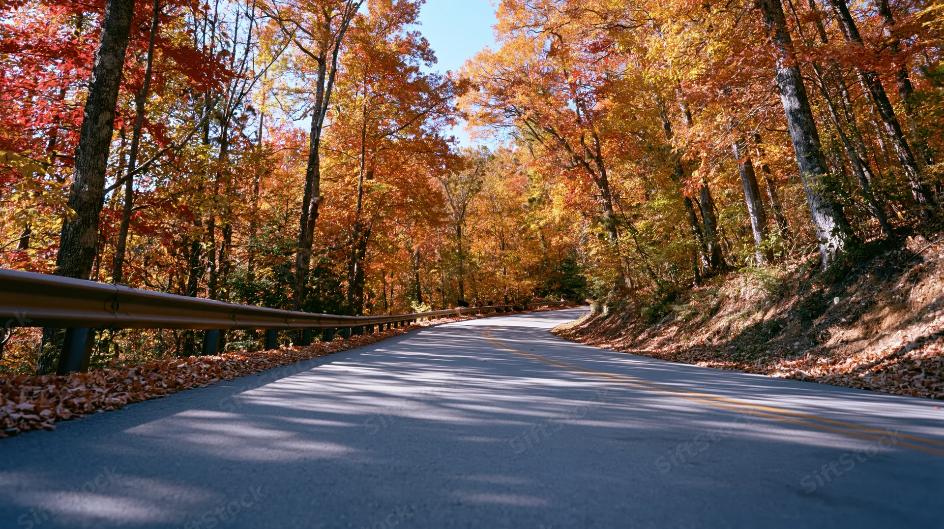 Winding asphalt road through autumn forest with colorful foliage and guardrail on side