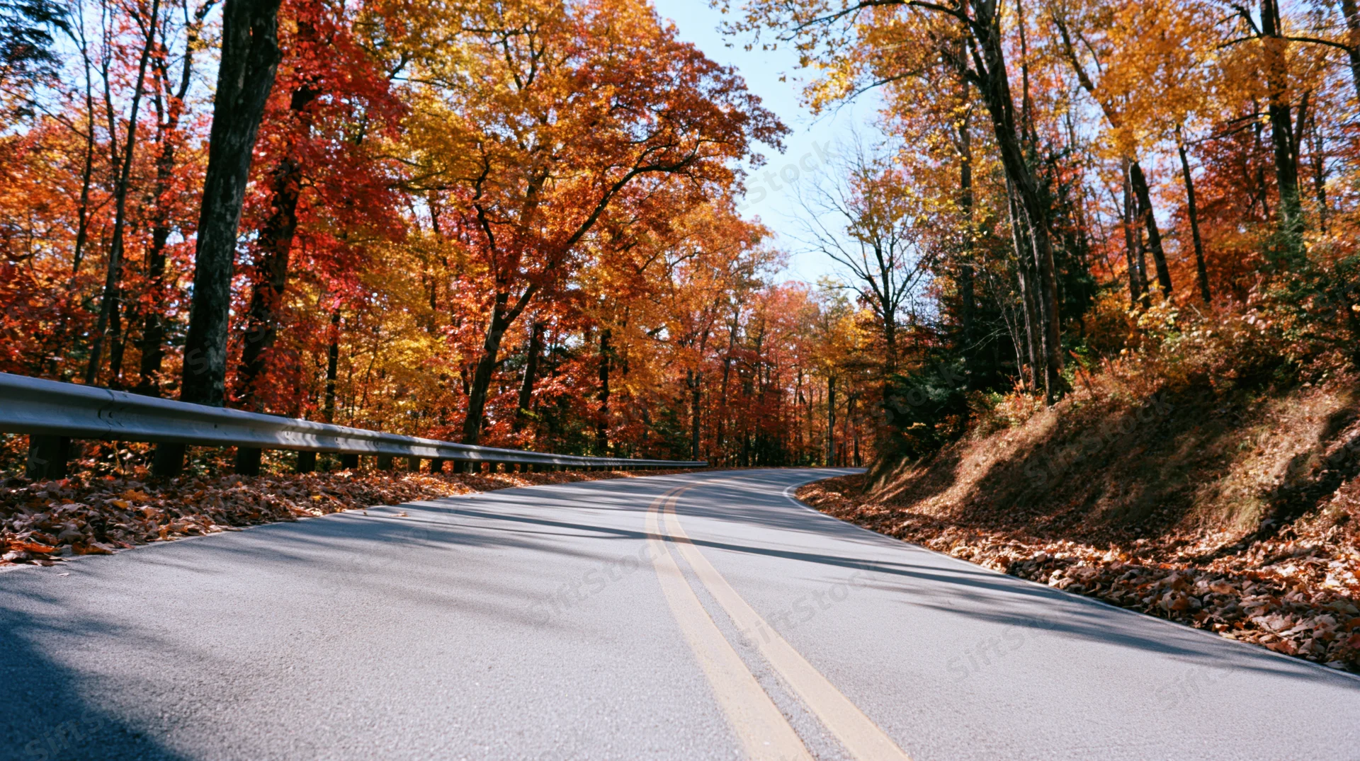 Winding asphalt road curving through autumn forest with colorful foliage and guardrail on side