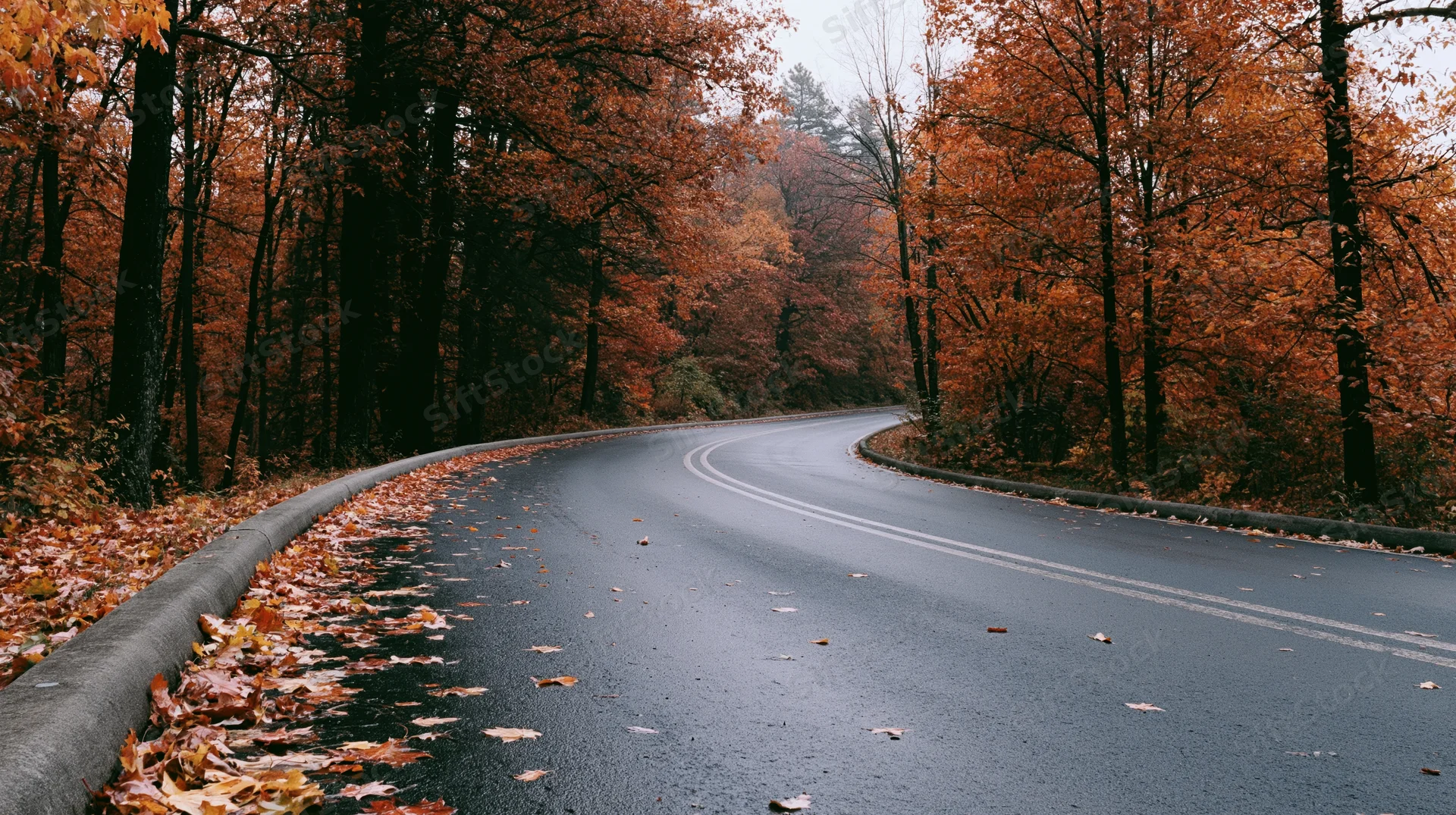 Winding asphalt road curving through autumn forest with fallen leaves on shoulders