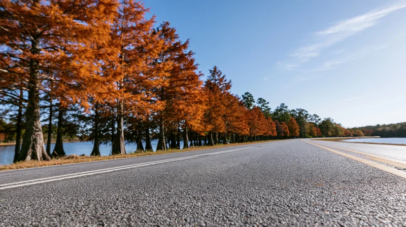 Empty two-lane asphalt road stretching alongside a grove of orange autumn trees beside a lake
