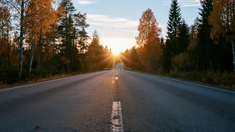 Empty two-lane asphalt road stretching to vanishing point through autumn forest at sunset
