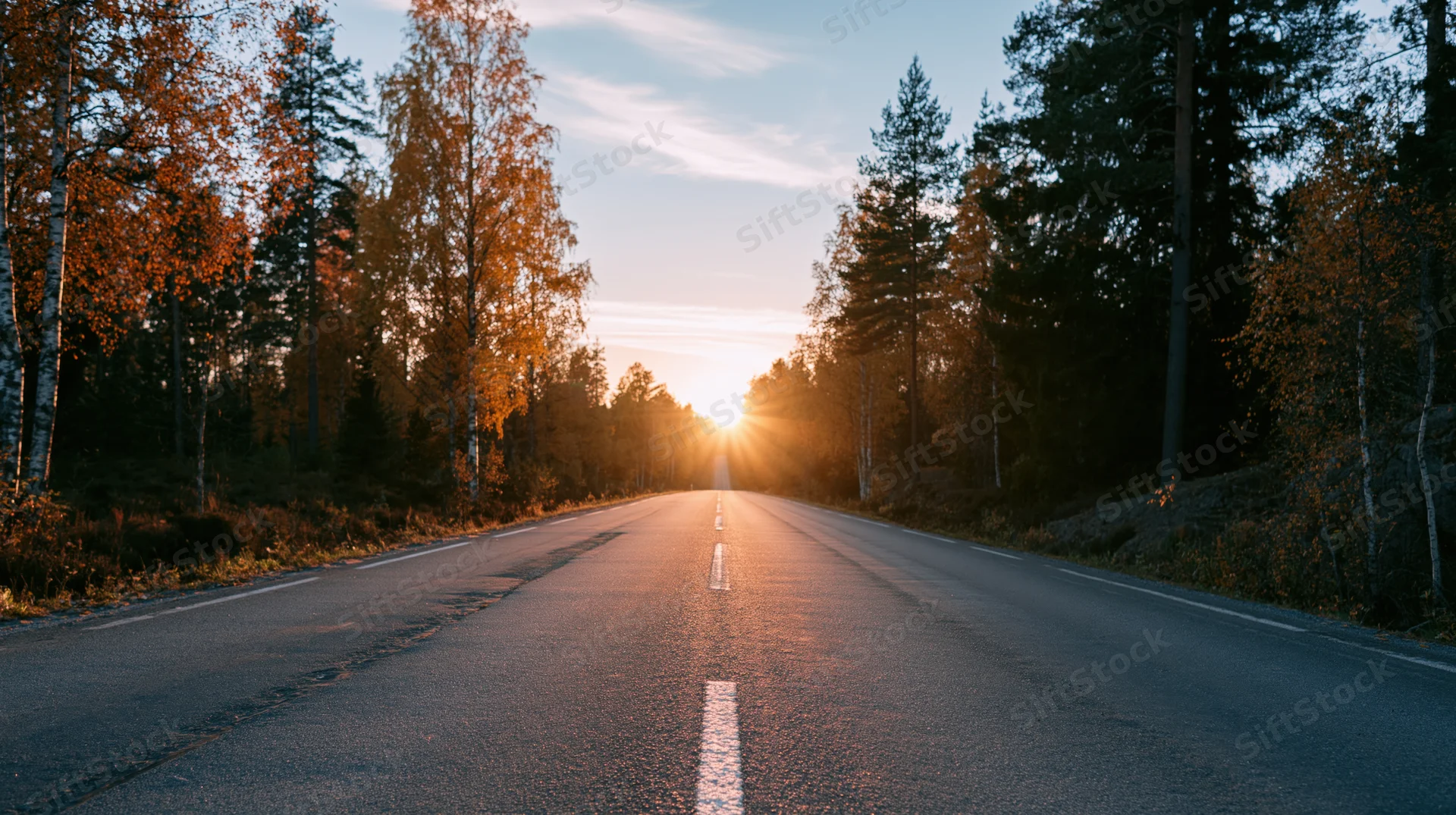 Empty two-lane asphalt road stretching toward sunset through autumn forest